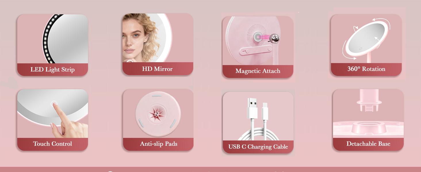 Amifiy Lighted Makeup Mirror — 4-in-1 Rechargeable Magnetic Beauty Mirror, 360° Free Rotation (Pink), 3 Color Modes & Adjustable Brightness, Detachable Design, Portable Lighted Makeup Mirror for Desktop & Travel Use