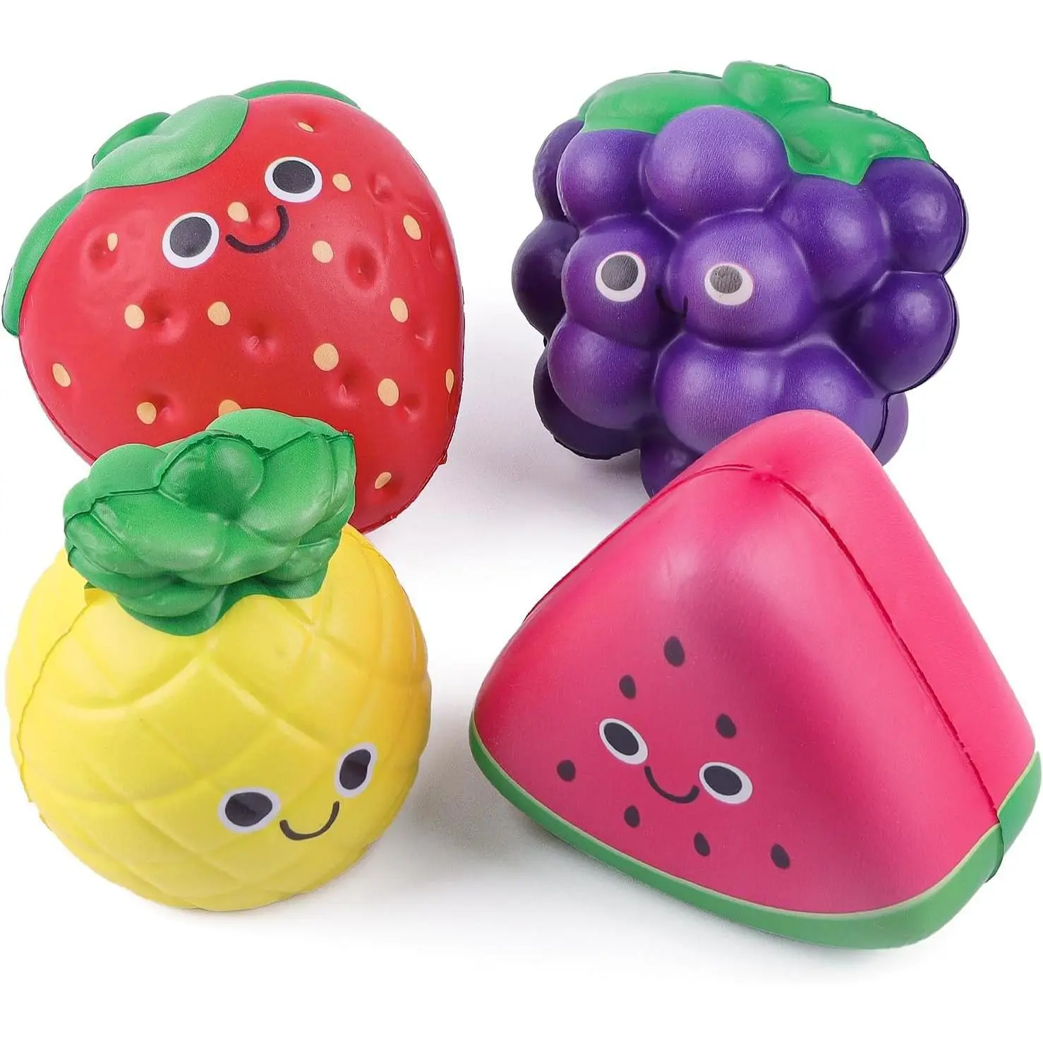 Anboor Bulk Assorted Collectible Squishies - 4 Pcs Soft Kawaii Strawberry, Watermelon, Pineapple, Grape Slow-Rise Sensory Friendly Mentally Stimulating Stress Relief Fidget Toys for Kids, Adults
