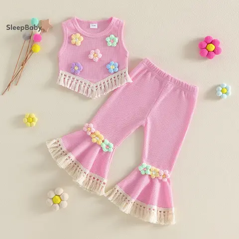 Toddler Girls' 2-Piece Polyester Baby Clothes Gift Set - Sleeveless Crew Neck Waffle Knit Cute Tops with 3D Flower Detail, 1 x Easy Pull-On Elastic Waist Pants, Casual Outfits for 9-12 Months, 3 Years