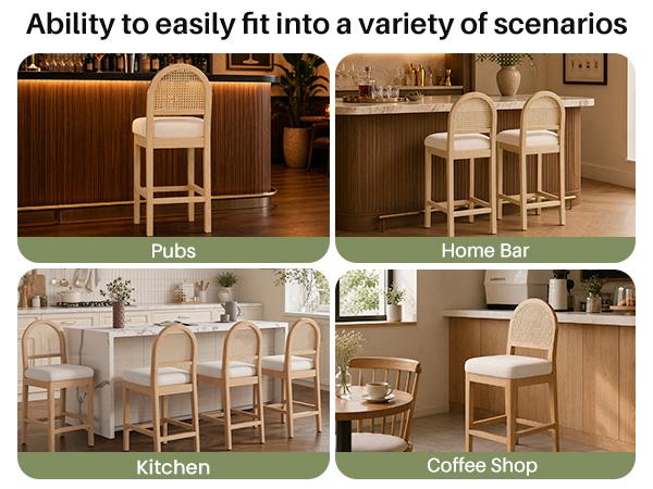 Farmhouse Rattan Counter Height Bar Stools Set of 2, Chenille Upholstered Barstools with Solid Wood Frame & Legs, Chic Kitchen Island Chairs