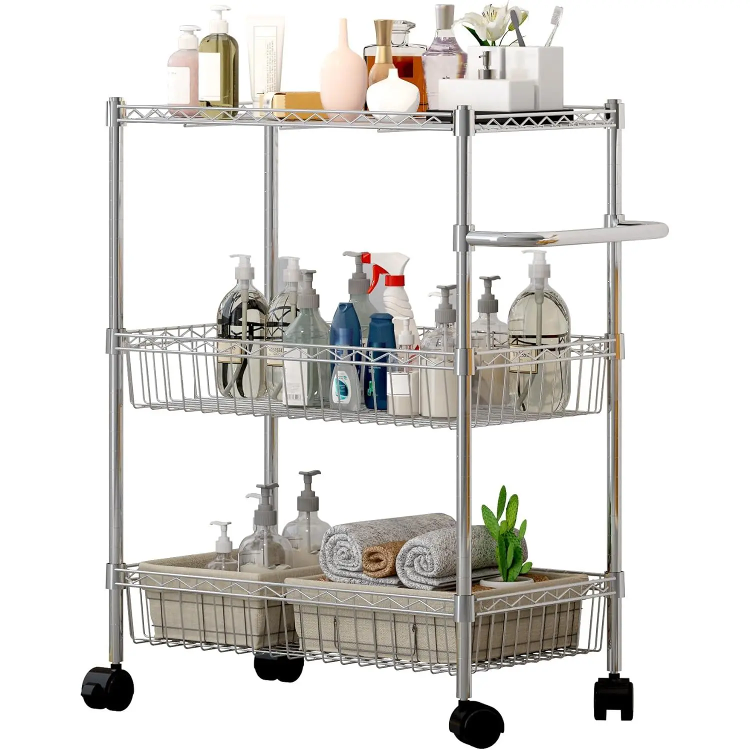 Silver 3-Tier Rolling Steel Storage Cart with Adjustable Wire Shelves, Handle & Basket - Metal Organizer Rack for Kitchen, Garage, Pantry