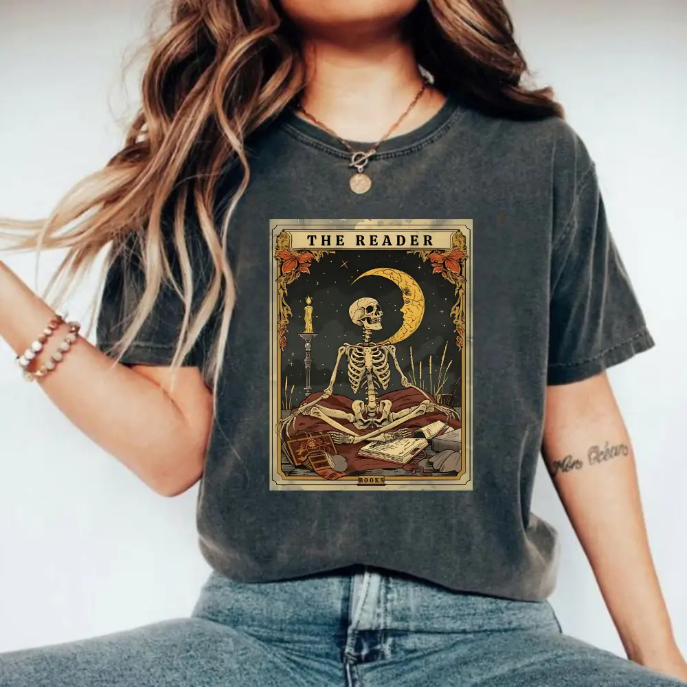 Comfort Colors The Reader Tarot Card T Shirt, Vintage Skeleton Reading Shirt, Unisex Tarot Card Shirt, Book Lover Gift, Bookish Gift, Tarot Lover Gift