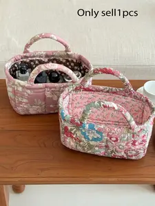 Dusty Blue Floral Quilted Basket Bag, Vintage Morris Print Padded Handbag, Aesthetic Quilted Storage Bag with Ruffle Pocket, Cute Tote Bag for Women, Travel & Home Use