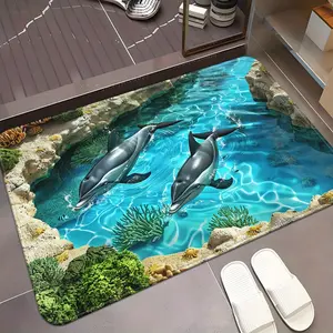Anti-slip and Waterproof Floor Mat - 3D Dolphin Underwater Coral Scene - Suitable for Kitchens, Bathrooms, Laundry Rooms, Doorways - Machine Washable
