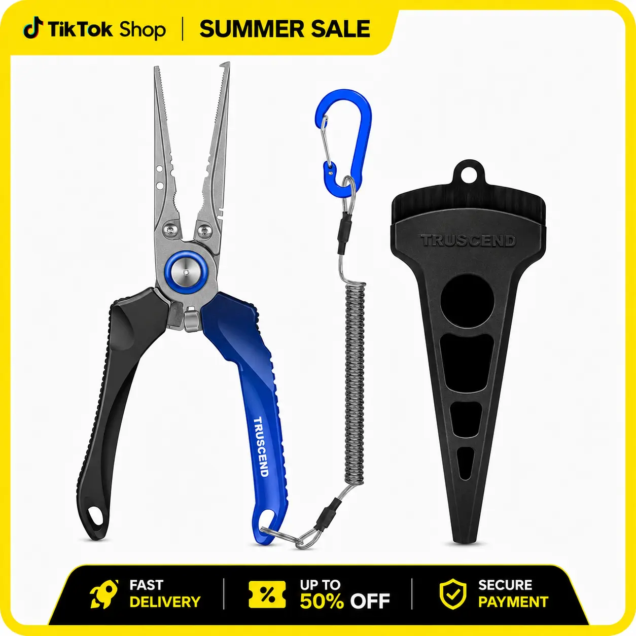 TRUSCEND Aluminum Compact Lockable Fishing Pliers - 1-Handed Use, Lock Mechanism, High Tungsten Blade Cutter, Ergonomic Handle, Teflon-Coated Saltwater Corrosion Resistance, Fly Line Pliers & Tools for Fishing Tackle Box, Tackle Storage, One-Handed Use
