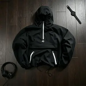 Men's Half-Zip Hooded Windbreaker Jacket, Lightweight Windproof Breathable Casual Athletic Coat with Multiple Pockets, Durable Comfortable Outdoor Sports Outerwear for Men, Ideal for Hiking, Daily Wear & Outdoor Activities