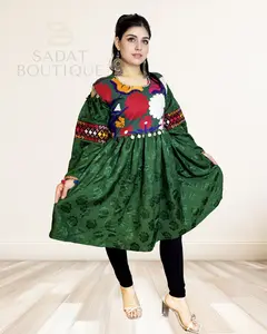 Parwana Afghan Dress – Embroidered Floral Glam in Blue or Green Brocade