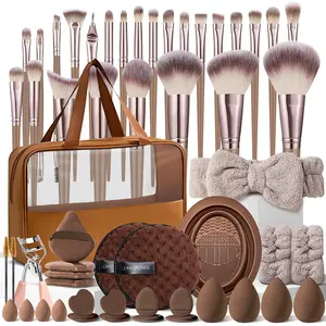 Professional Makeup Brushes 55Pcs Makeup Kit, Makeup Brush Set, 25Pcs Brown Brushes, Travel Toiletry Bag, Beauty Sponge, Makeup Puffs, Headband & Wristbands, Cleaning Sponge, Cleaning Brush, Eye Makeup Accessories, Suitable for All Skin Types