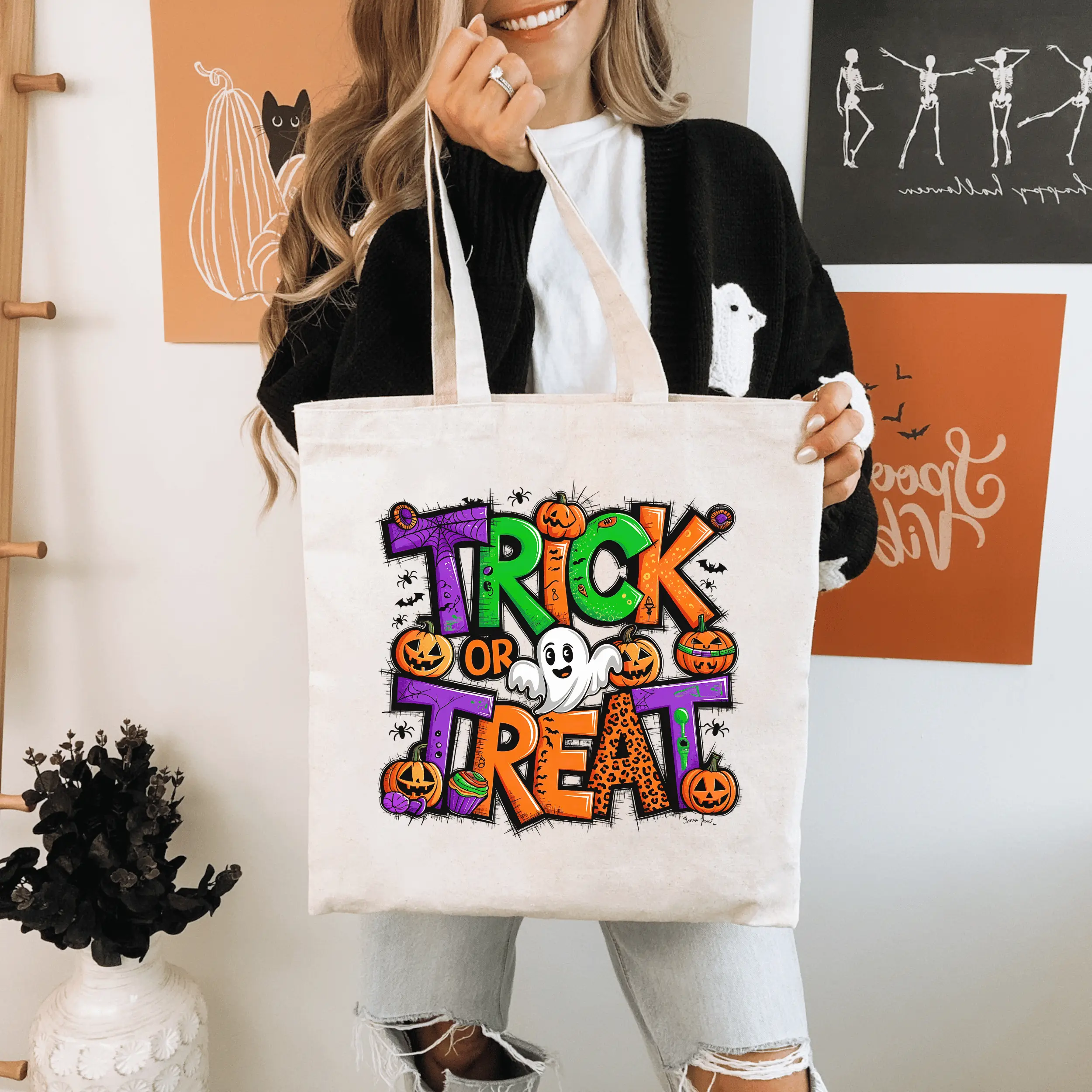 Halloween Trick Or Treat Bag, Boo Bag, Halloween Candy Bag, Trick-or-Treat, Boo Basket, Pumpkins, Ghosts, Pumpkin Season, Trick or treating Cotton Canvas Tote Bag