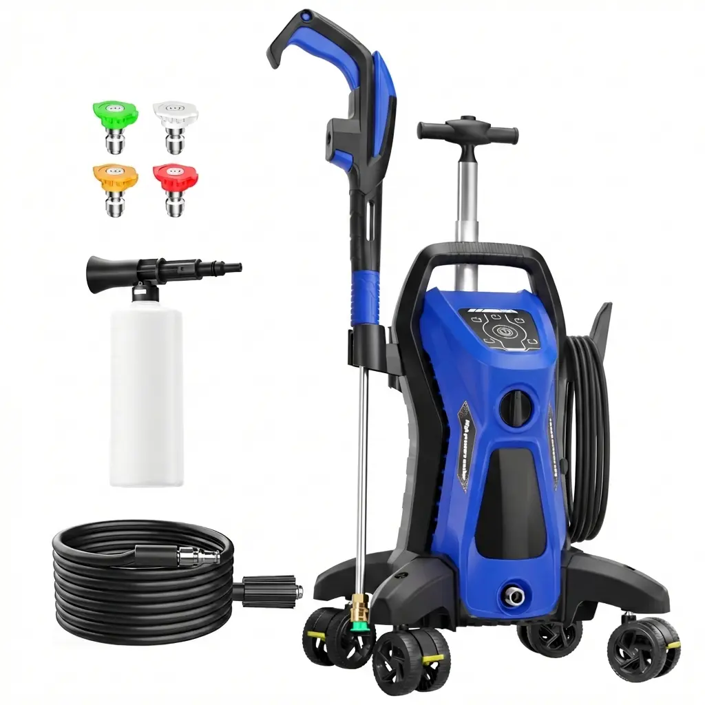 Electric Pressure Washer 5650PSI MAX 3.9GPM, 15 Level Adjustable Touch Screen, Anti-Tip 4 Wheels, Focused Dirt and Grime Cleaning, with 4 Adjustable Nozzle, 500ML Foam Cannon, Stainless Steel Lance and Total Stop System for Car Wash, Home, Patio Cleaning