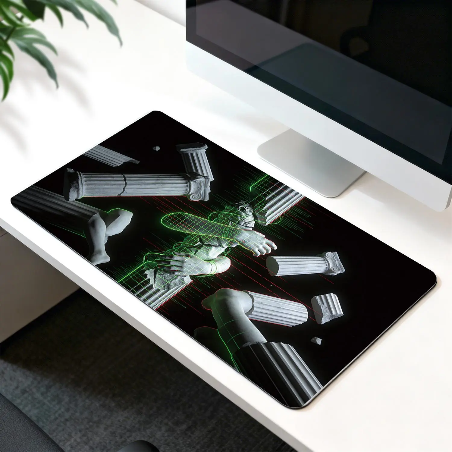 Premium Rectangular Gaming Mousepad, 40x80cm, Futuristic Glowing Greek Sculpture, Broken Marble Columns & Digital Grid Art Design, Non-Slip Rubber Base, Stitched Edges, Precise Control, Durable for Gaming & Office Work