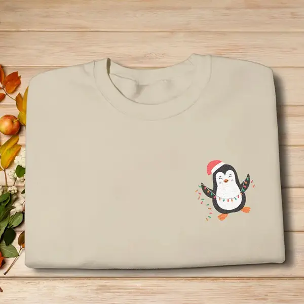 Embroidered Penguin Christmas Sweatshirt, Penguin in Santa Hat Embroidered Christmas Sweatshirt, Christmas Lights Penguin Design, Cozy Xmas Gift Idea