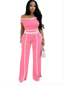 M3079 new women's spice girls shoulder-to-shoulder color stitching lines high waist trousers suit, outfit, two-piece home clothes, everyday casual wear.