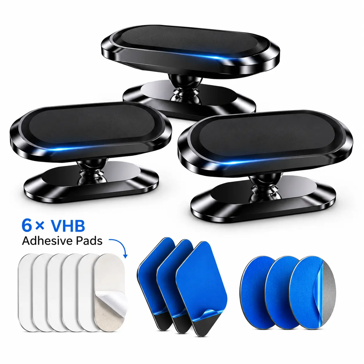 3PCS Magnetic Car Phone & Tablet Mount, Universal Suction Cup Holder 360° Adjustable Rotation,  Compatible with iPad for In-Car Secondary Screen, Car Navigation Support, 6 adhesive patches, 3 circular patches, 3 square patches