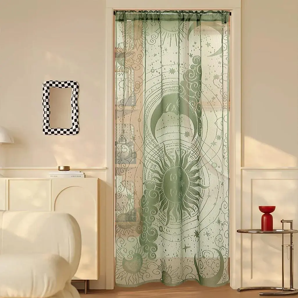 Sun & Moon Pattern Door Curtain, Lace Embroidered Door Curtain, Window Curtain, Home Decor for Living Room Bedroom Kitchen, Room Divider Curtain, Home Decoration Curtain