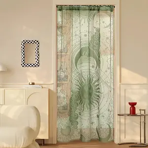 Sun & Moon Pattern Door Curtain, Lace Embroidered Door Curtain, Home Decor for Living Room Bedroom Kitchen, Room Divider Curtain