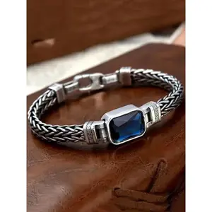 New woven and inlaid blue gemstone men's copper bracelet, Cuban retro women's bracelet, Cuban concave bracelet, couple style jewelry matching, heavy workmanship fine texture, gift for boyfriend or girlfriend, suitable for all occasions