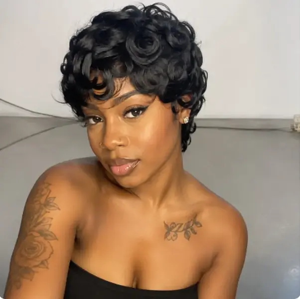 GLOW WIG BEAUTY Summer Limited Edition | Curly Pixie Human Hair Wig for Black Women | Glueless Short Layered Pixie Cut Wig with Bangs, Natural Black Color | Unique & Trendy Style, Full Machine-Made Wig