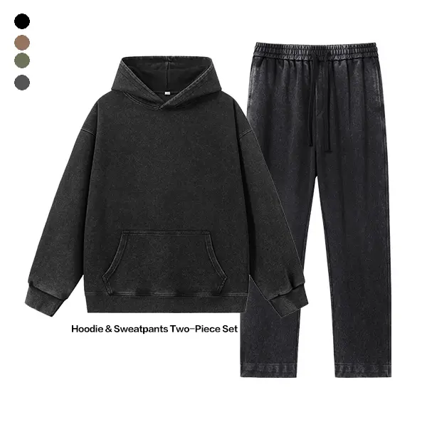 Men’s vintage washed distressed casual sports tracksuit set, heavyweight hooded sweatshirt two-piece set, hoodie + pants, street-style premium feel autumn sportswear, tracksuit