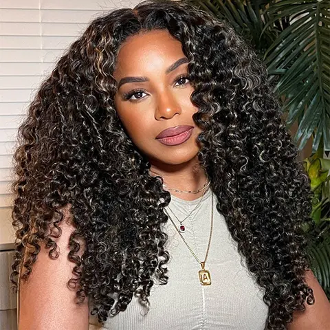 4C Curly Edges Glueless Blonde Highlight Curly Human Hair Wig For Black Women 220% 13x4 8x5 Ready to Go Ombre Lace Front Wigs Balayage Pre-plucked Natural Hairline