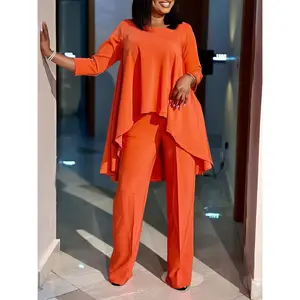 D3260 Plus Size Women's Orange 2-Piece Outfit 3/4 Sleeve Asymmetrical Top & Wide Leg Pants Set Casual Formal Workwear Loose Fit Tracksuit