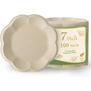 WELLIFE Dessert Plates 7/9 inch Paper Plates Disposable 100 Pack Scalloped Small Paper Plates Heavy Duty Compostable Bagasse Birthday Party Supplies Dinner Plates for Wedding Tea Party