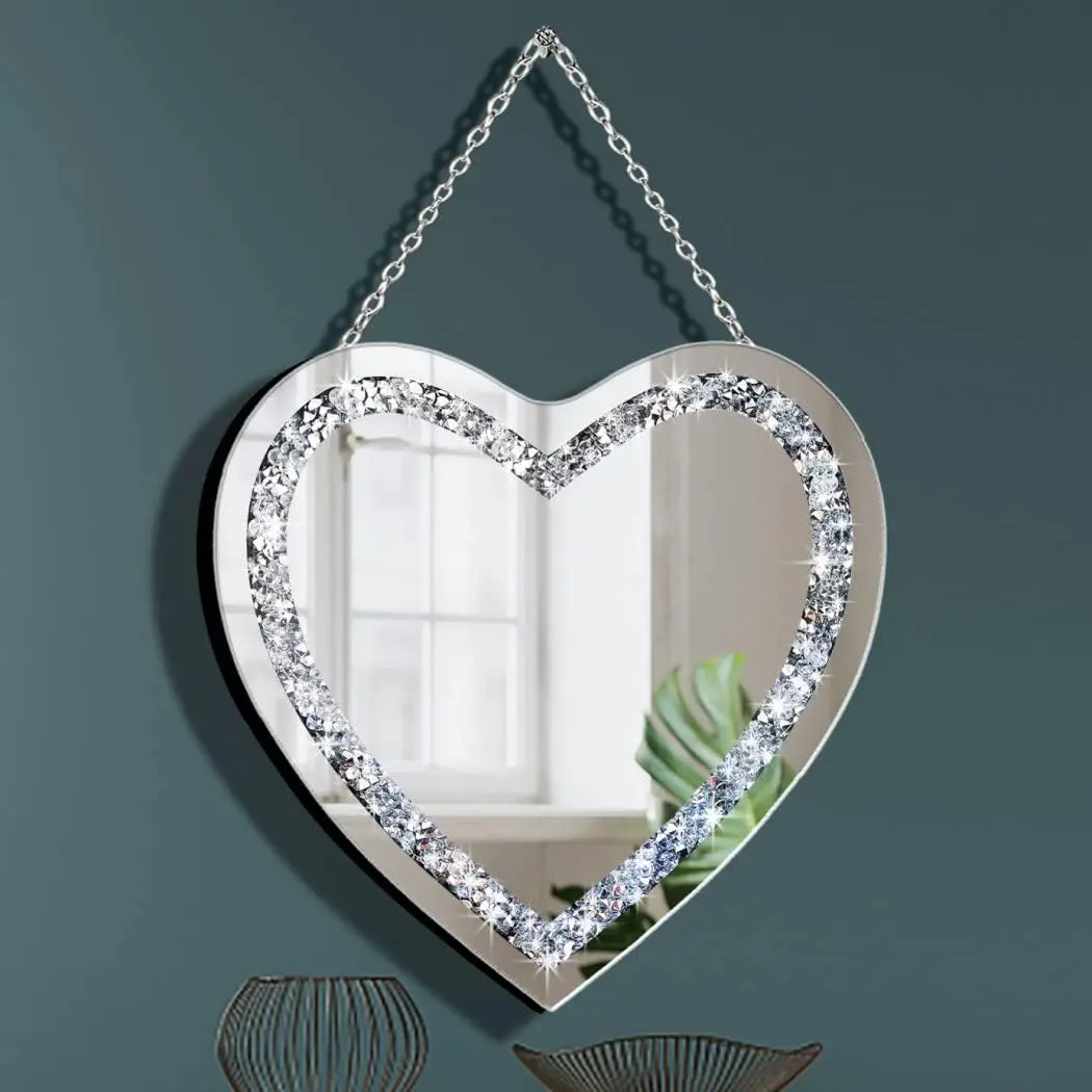 Crush  Heart Shaped  Mirror with  Stainless Steel Chain for Wall Decoration 12x12x0.5 inch Frameless Glam Mirror
