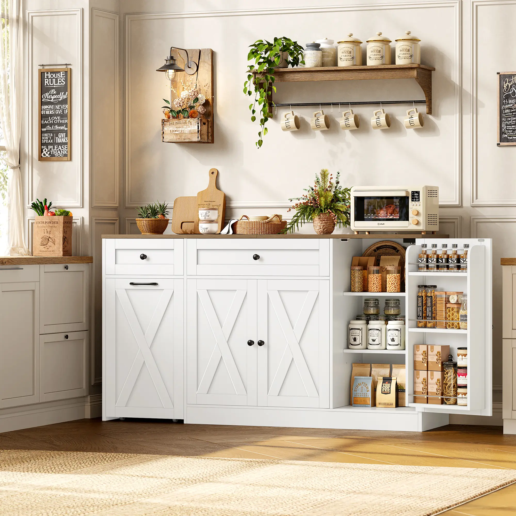 【2 Packages Shipping】HOSTACK 59" Multifunctional Sideboard with Charging Station, Rolling Buffet Cabinet with Drawers, Farmhouse Kitchen Storage for Dining Room