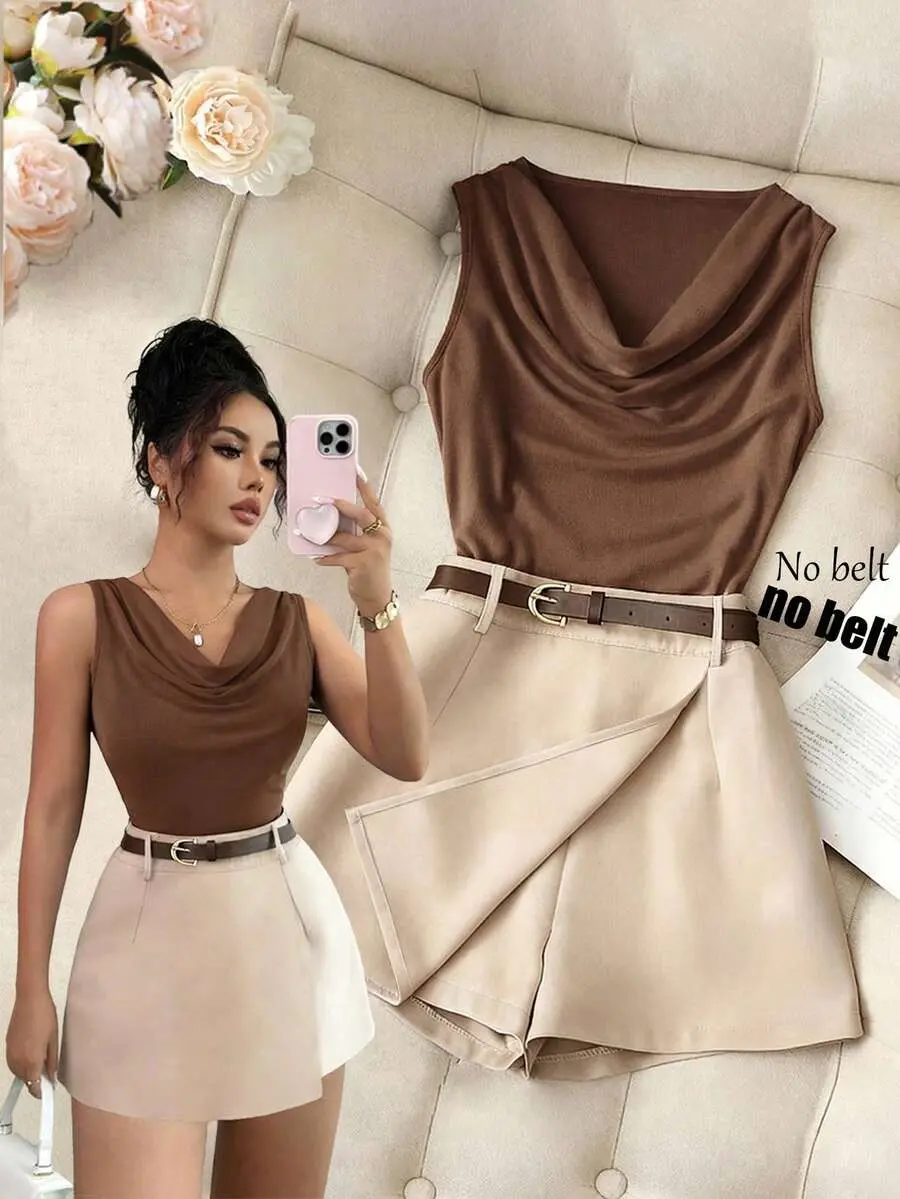 Women's 2pcs Brown Sleeveless Fitted Vest & Apricot Culottes Skirt Set,Elegant Summer Brunch Beige Casual Business Office Wear Preppy Style Suits