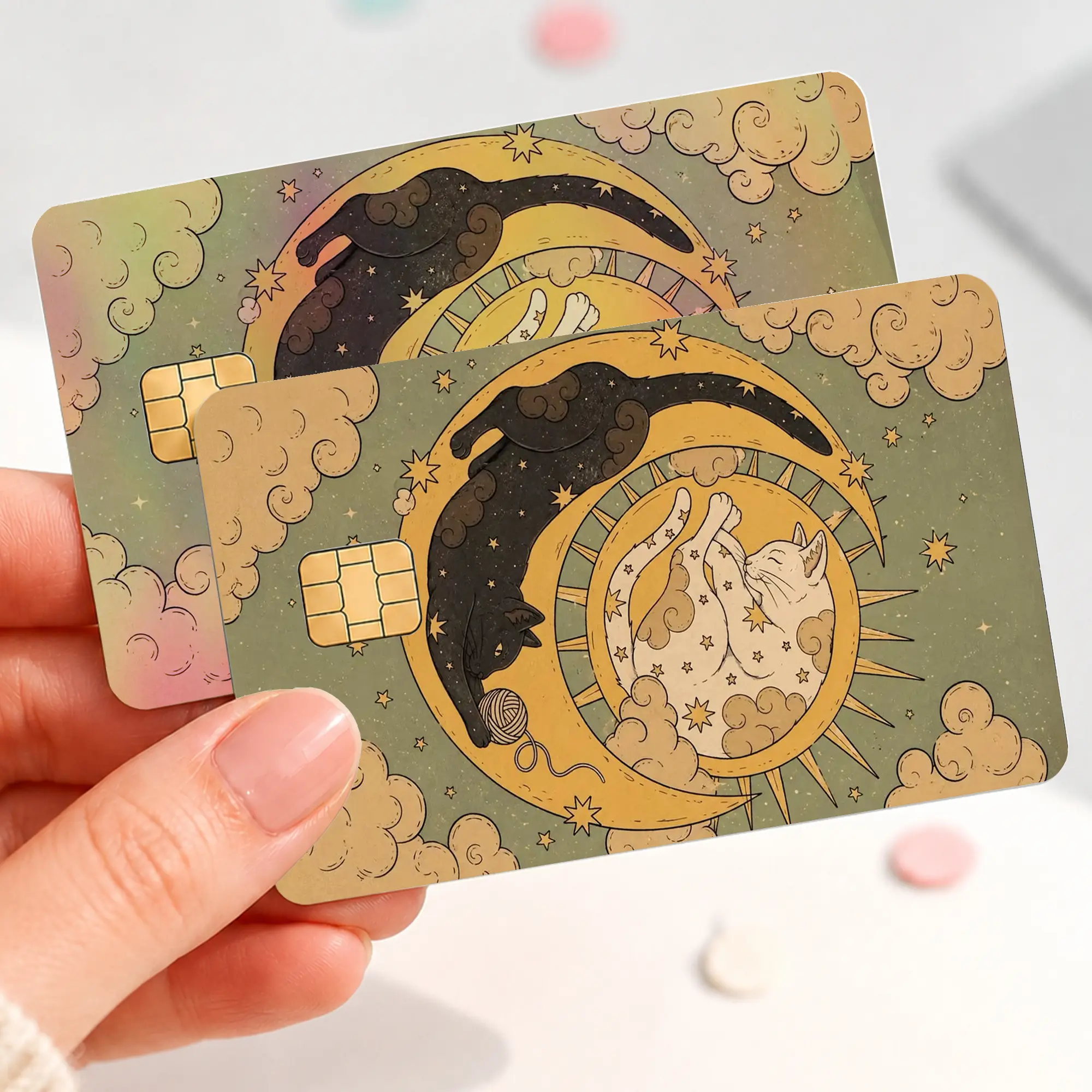 Celestial Cat Credit Card Skin, Black and White Cat Debit Card Sticker, Moon Sun Stars Bank Card Cover, Vintage Astrology Chip Card Decal, Mystical Cat Lover Gift