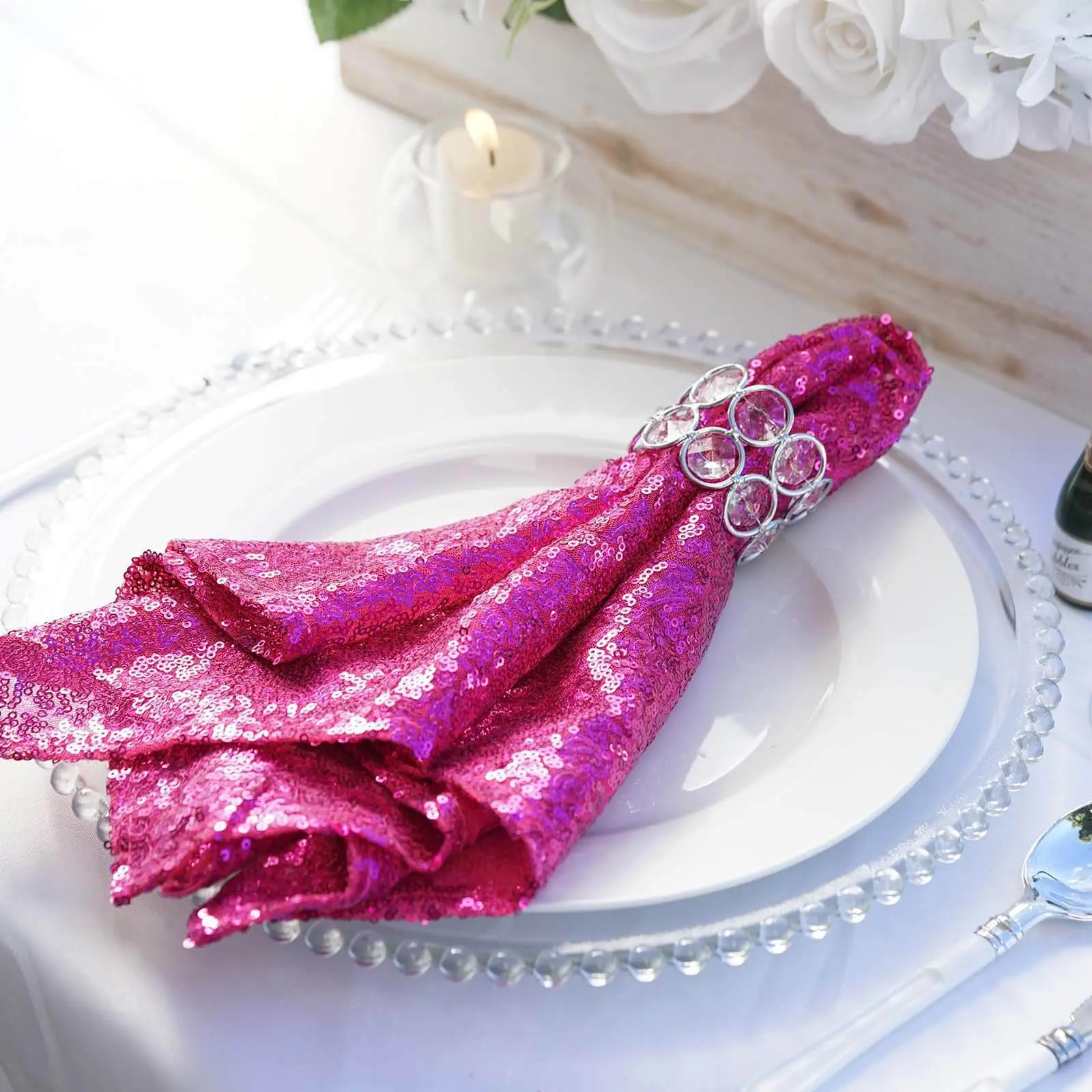 Sequin Fabric Napkins, 20"x20" Fuchsia Tableware - Sparkling Reusable Restaurant-Style Napkins for Event, Birthday, Wedding Use