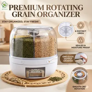 Rotating Grain Storage Bin 6 Grids Rice Container One-Click Output Large Capacity Food Dispenser For Rice Grains Sealed Moisture Proof Organizer