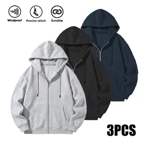 Men’s solid-color 3-pack zip-up hoodies with exposed shoulders; regular-fit casual long-sleeve sports hoodies with a full front zipper for easy wear and pockets; suitable for spring, autumn, and winter—everyday menswear.