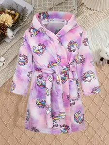 Children Unicorn Long Sleeve Bathrobe, Casual Fashion Soft Thick Fireproof Flannel, Suitable for Girls Home Wear, Fall & Winter