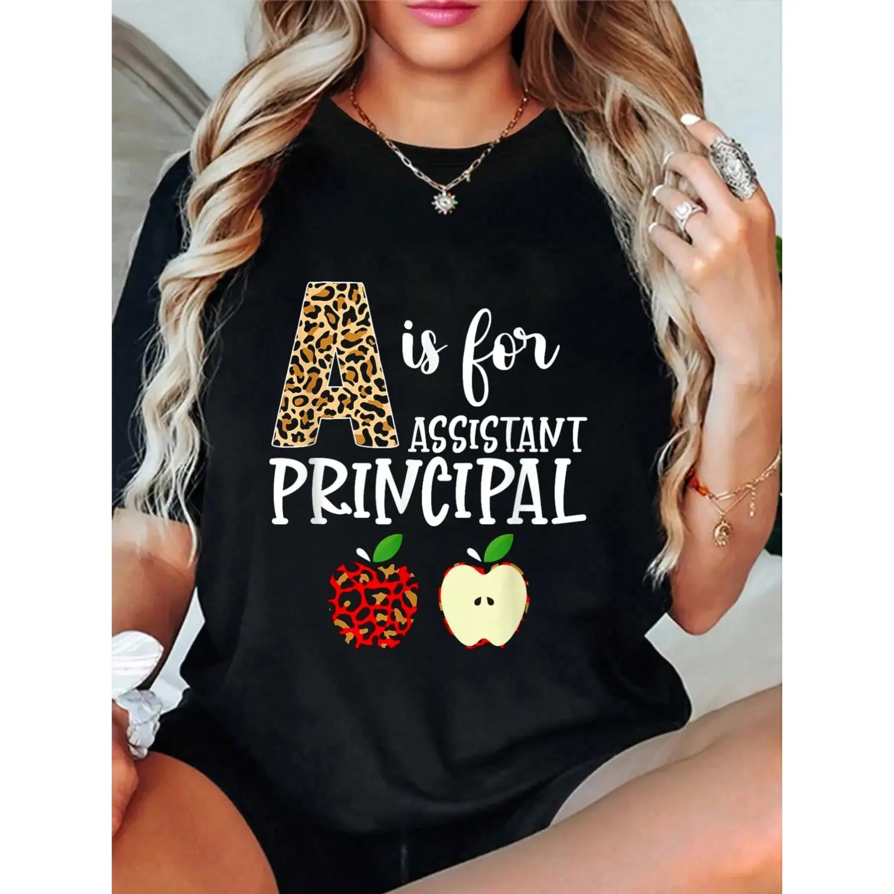 Women's 100% Cotton Round Neck Short Sleeve Graphic Tee - Assistant Principal A Letter Print, Knitted Fabric, Soft, Breathable, Loose Fit, Flower Accent, Fashion Common Style Casual Daily Streetwear Top