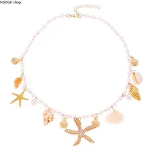 Trendy Pearl Real Shell Necklace - Elegant Pink Pearl Chain with Assorted Seashells & Statement Starfish Charm, Delicate Adjustable Length Jewelry for Women, Perfect for Summer Daily Wear Cruise Travel & Timeless Coastal Statement Looks