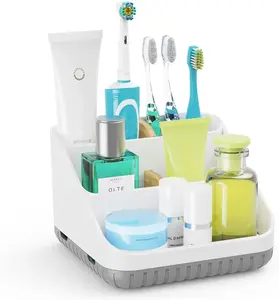 Bathroom Toothbrush Holders for Countertop  6 Slots Tooth Brush Organization for Kids Family, Toothpaste Holder for Bathroom Vanity Organizer Storage White