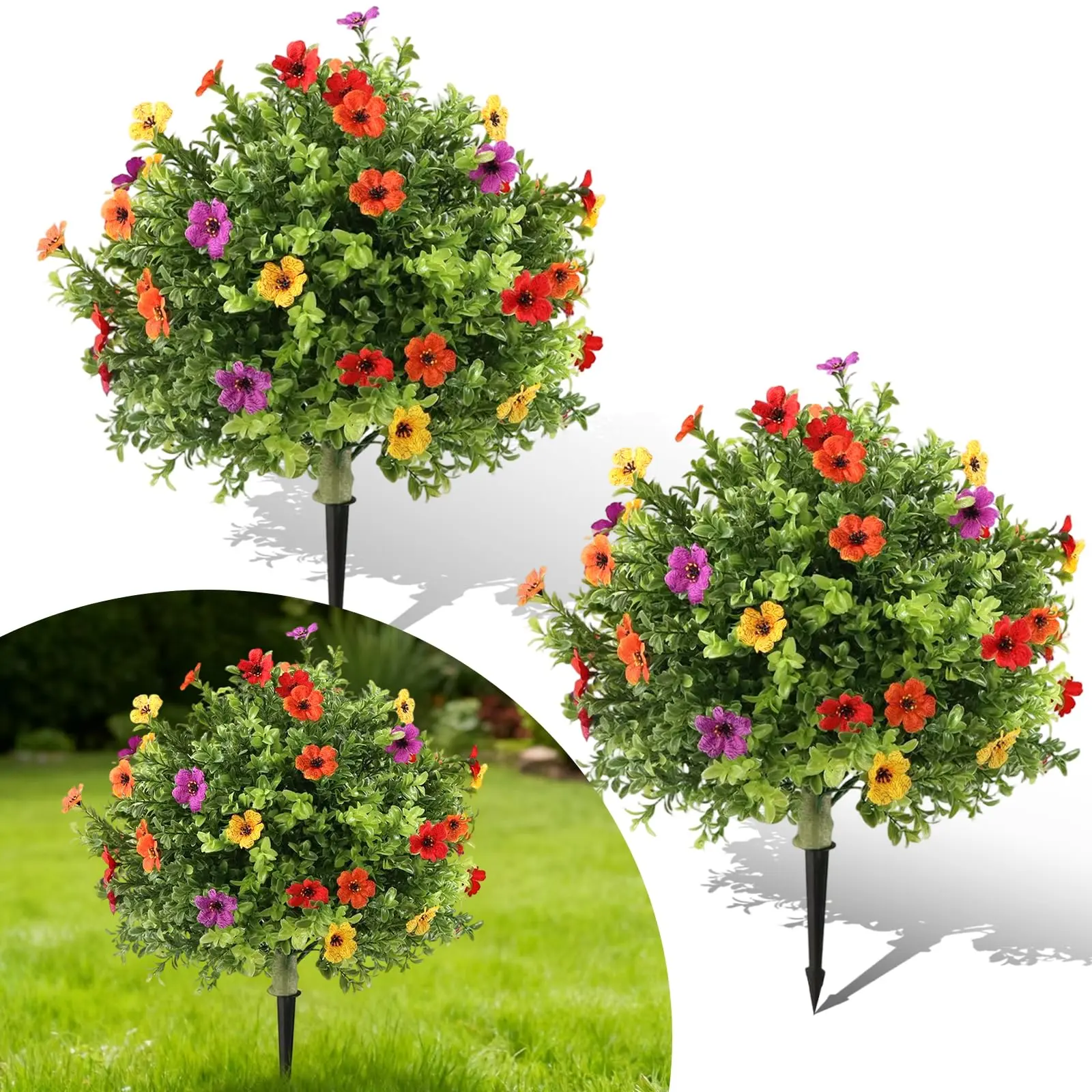 Garvee 2Pcs 2FT Artificial Boxwood Topiary Ball Trees with Purple & Red Flowers, UV Resistant, Set of 2 with Ground Spikes for Garden, Patio, Porch, Yard, Indoor & Outdoor Decor