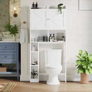 White Freestanding Over-The-Toilet Storage Cabinet, Bathroom Space Saver with Double Doors, Open Shelves, Adjustable Shelf, Bathroom Organizer Supplies for Apartments