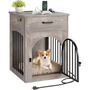 Crate Furniture, Wooden  House with  Station and Storage Drawer, Indoor Pet Crate End Table for Small Breeds, for Living Room, Bedroom, Greige MGW01UFH