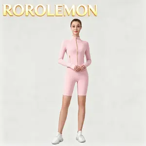 ROROLEMON Women's Short Fitness Yoga Jacket with Gold Zipper Matching Cycling Five-Point Pants Set
