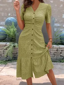Women's Summer Fashion Dress, Short Sleeve Solid Pure Color Design, Button, Casual Daily Wear, Comfortable & Stylish Women's Clothing