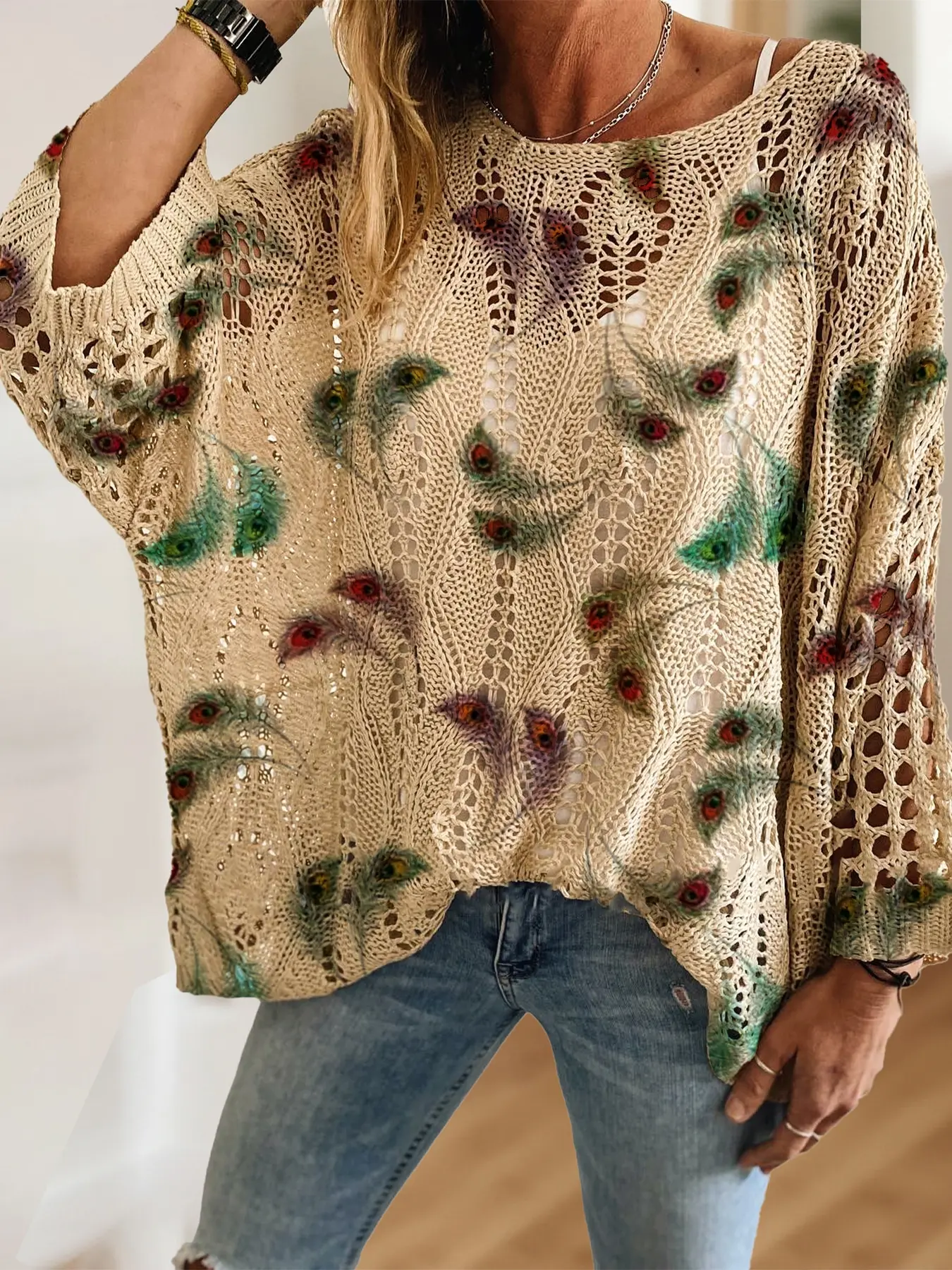 Women's Boho Peacock Feather Print Knit Top, Round Neck Long Sleeve Hollow Out Sweater, Casual Elegant Vacation Style, Comfortable Breathable