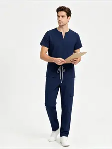 V Neck Short Sleeve Long Pants Scrub Set Breathable Soft Work Wear For Clinic Doctors And Nurses