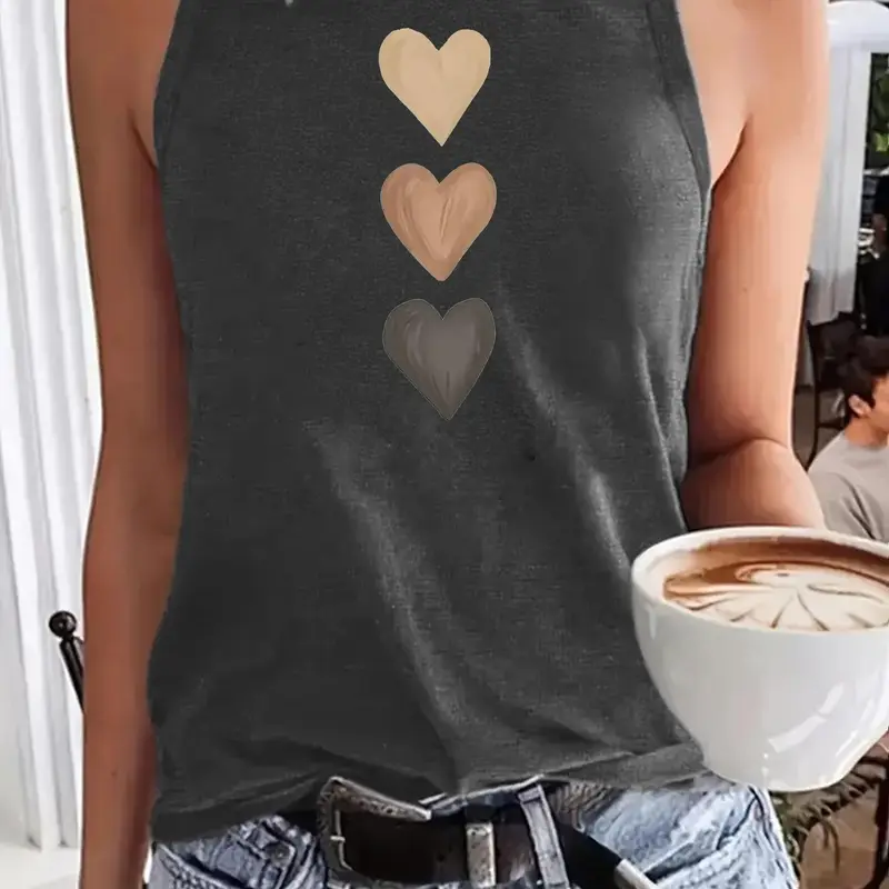 Women's Heart Print Round Neck Tank Top, Casual Sleeveless Crew Neck Top for Summer, Ladies Clothes for Daily Wear, Womenswear, Sleeveless Tank Tops