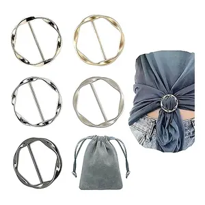 5PCS Silk Scarf Ring Clip T-shirt Tie Clips for Women Fashion Metal Round Circle Clip Buckle Clothing Ring Wrap Holder with 1 Storage Bag