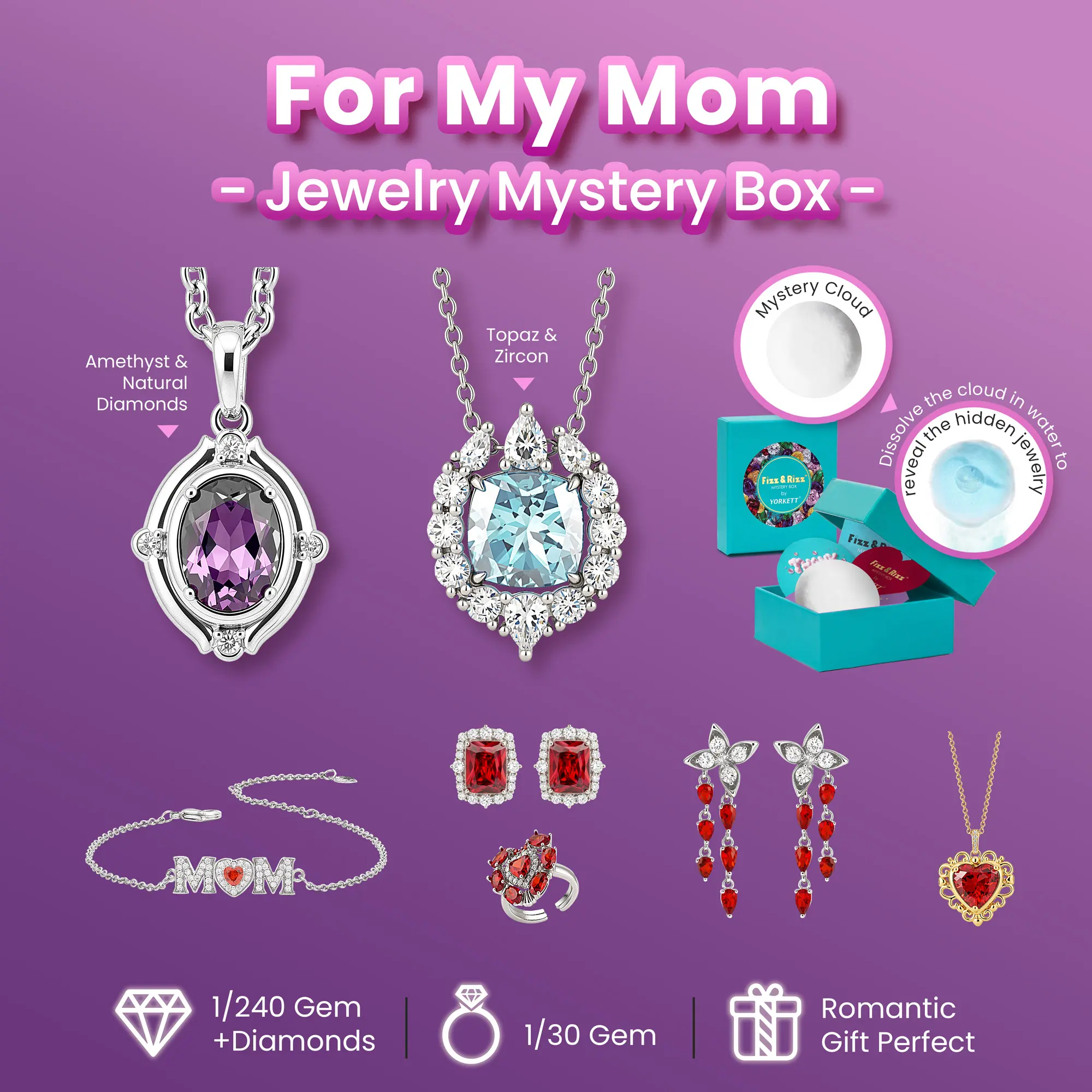 FizzandRizz by Yorkett For My Mom Jewelry Mystery Cloud ,Mother’s Day Jewelry Gift for Mom, Romantic Gift for Her, Necklace Bracelet Earrings Ring Set for Women,Bomb Party,Birthday Anniversary Gift Idea For My Love Accessories Set