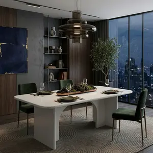 - Cream White 63" Dining Table, Modern Rectangular MDF Kitchen Table with Arch Legs & Rounded Edge, 4-6 Person Capacity, Wear-Resistant, Perfect for Home, Dining Room & Kitchen Decor