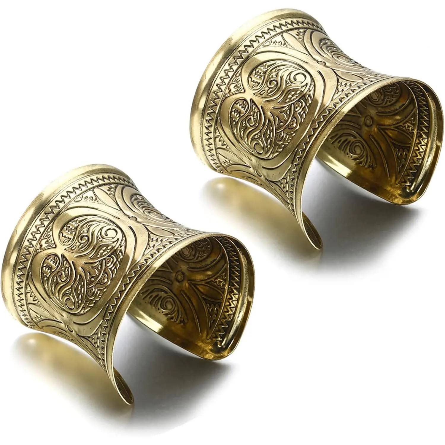 Women's Vintage Ethnic Motifs Wide Open Chunky Gold-Silver Cuff Bangle, Howlite Stone Beaded Bracelet with Alloy Fittings & Stainless Steel Rings, Ideal for Cosplay & Belly Dance