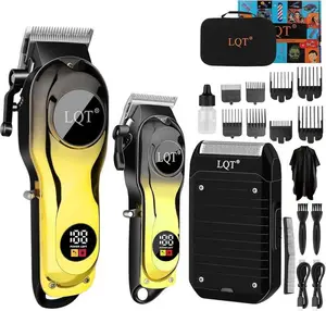 LQT Yellow-Black Gradient Luxury 3pcs Grooming Set: large clipper with LED display, zero-gap trimmer, black shaver, R-shaped safe blades, quiet motor for kids, large lithium battery long runtime, USB fast charge, must-have for home travel business